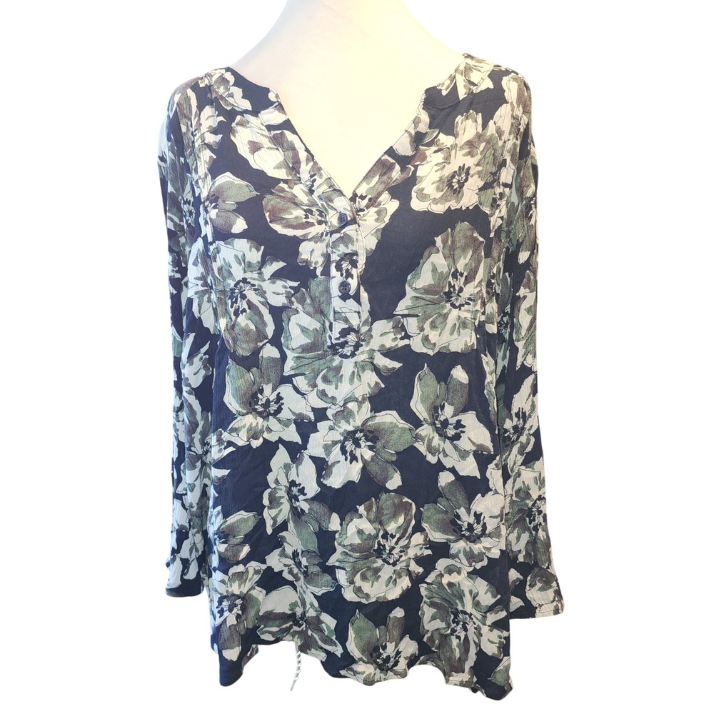 Monday Fun Womens 3X Floral Blouse Navy Blue Green Rayon Button Split Neck Top